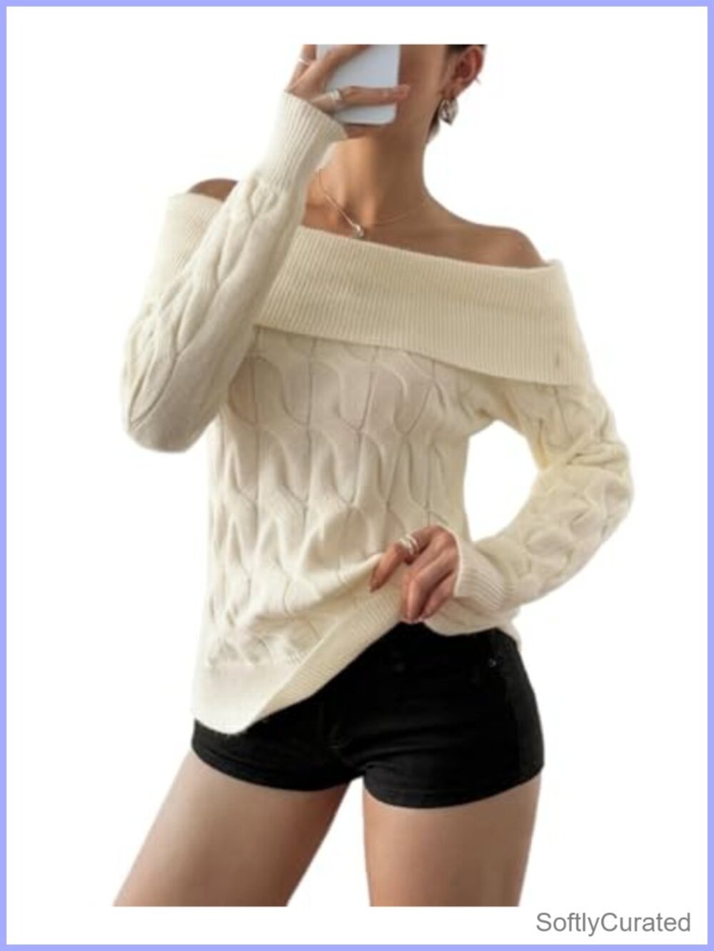 Off Shoulder Cable Knit Sweater Long Sleeve Chunky Pullover Fall Winter